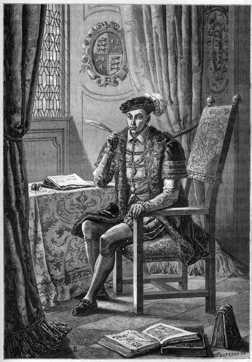 爱德华六世（1537-53）的肖像 - 英格兰和爱尔兰国王爱德华六世（1537-1553）写日记的肖像 - 雕刻在Francois Guizot 1877年的《L