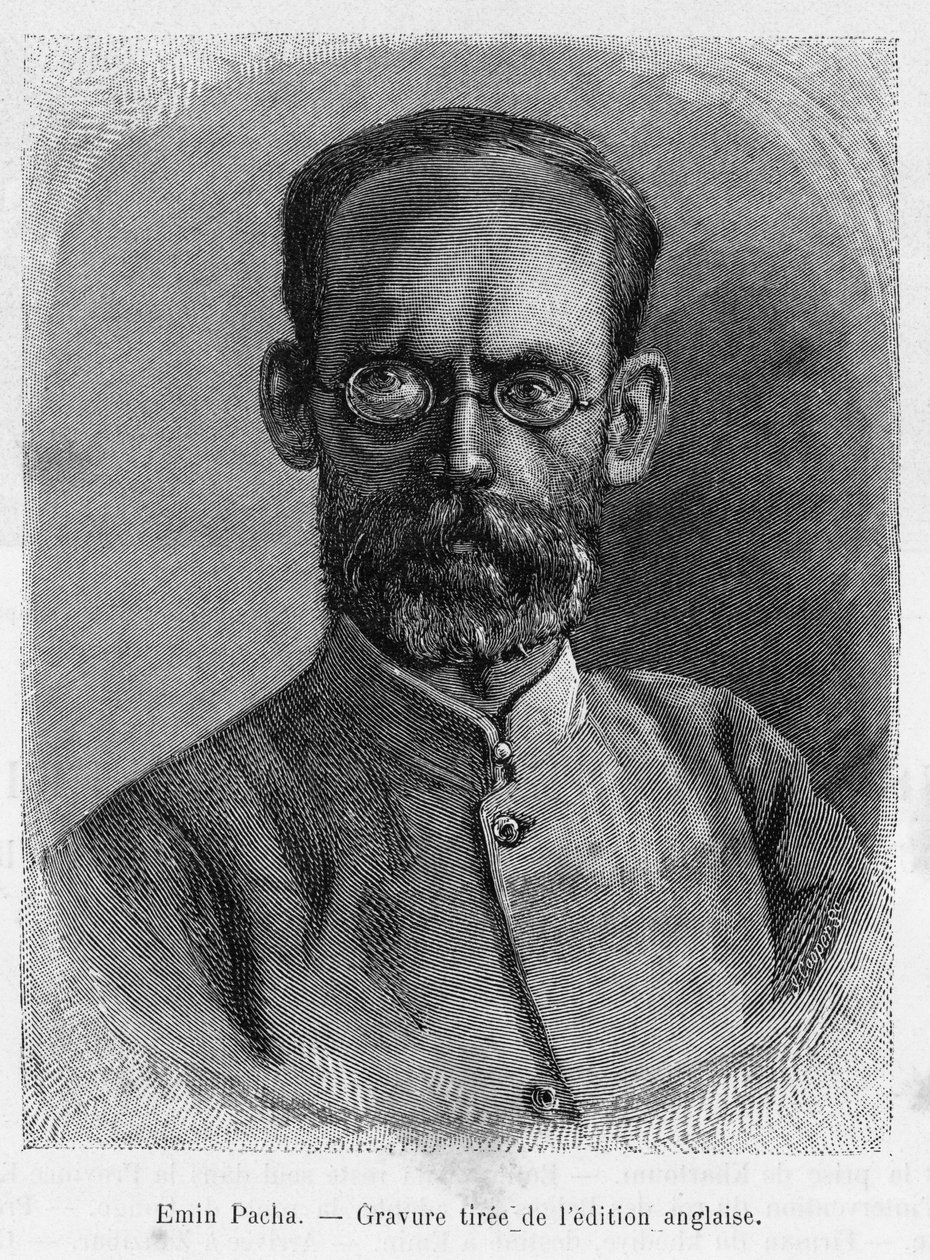艾明-帕夏（Isaak Eduard Schnitzer 1840-1892）的肖像，医生、自然学家、探险家和埃及赤道省的省长。雕版画，用于说明《Dans les shadbres de l
