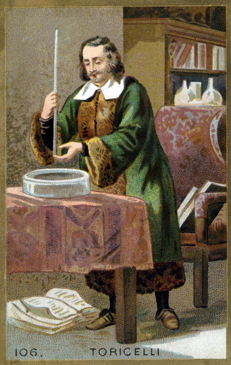 Evangelista Torricelli或Toricelli（1608 - 1647）的肖像，意大利物理学家，他发明了气压计（汞管）。19世纪的彩色石版画。 作者 未知艺术家