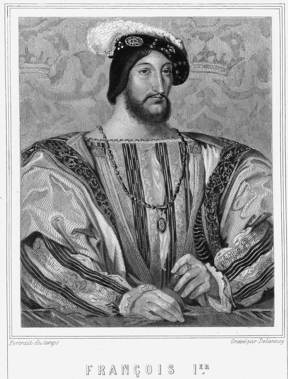 法国国王弗朗索瓦一世（1494-1547）的肖像--载于拉瓦雷的《法国历史》，雕刻，有日期。 作者 未知艺术家