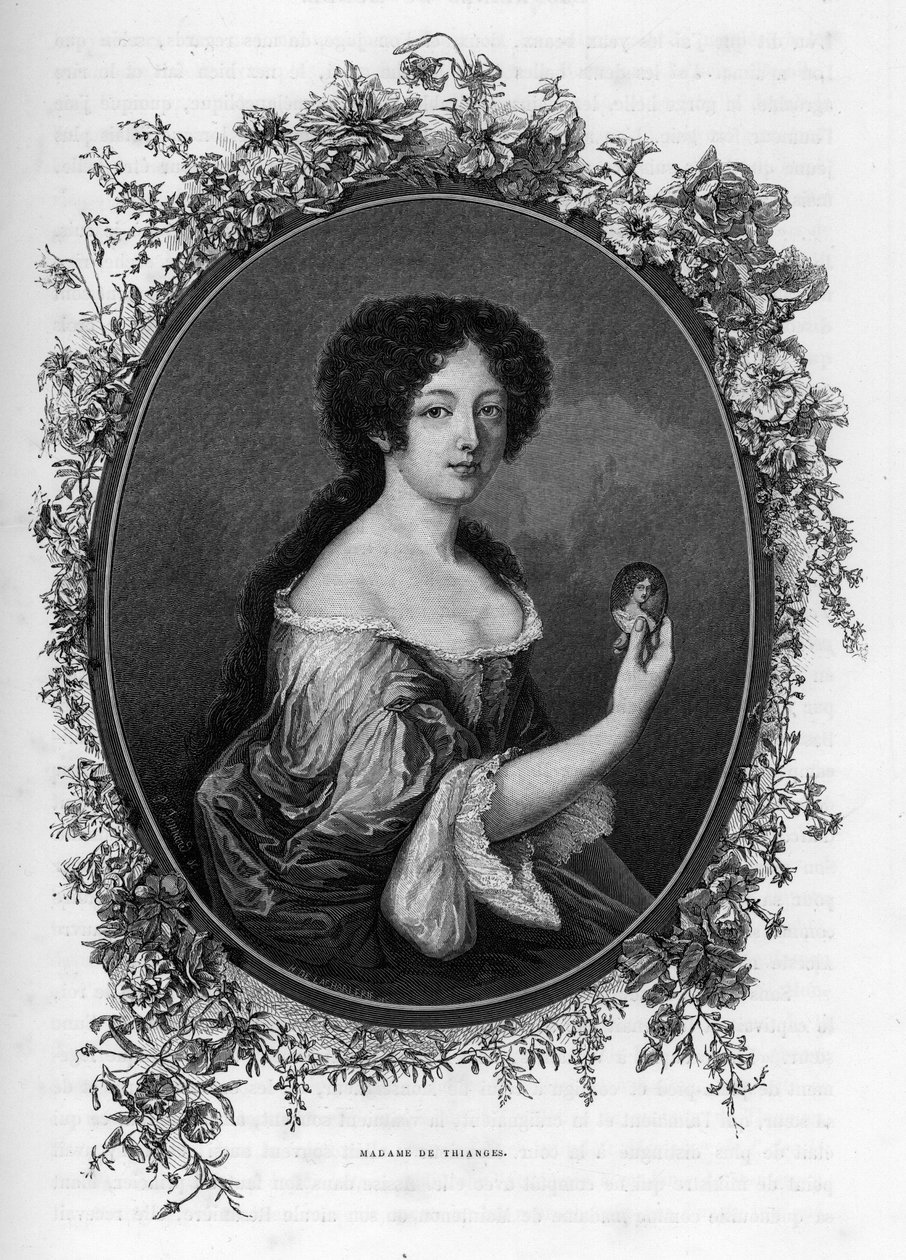 法国贵族Gabrielle de Rochechouart de Mortemart, Marquise de Thianges (1633 -1693)的肖像--1862年雕刻在我们第一批作家的《世界的女王》中。在J. G. D. ARMENGAUD的指导下出版的书。 作者 未知艺术家