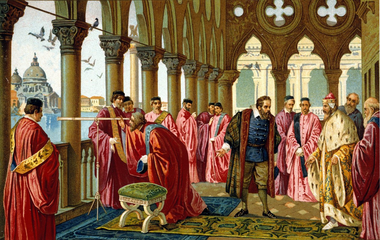 Galileo Galilei 的肖像 dit Galileo (1564 - 1642) 展示了总督在威尼斯公爵宫的远景。 作者 未知艺术家
