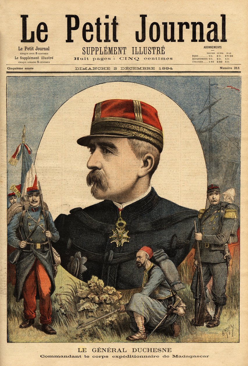 1894 年派往马达加斯加的武装部队指挥官雅克·查尔斯·杜谢讷将军 (1837-1918) 的肖像，他占领了塔那那利夫。 1894 年 3 月 12 日在“Le petit journal”上雕刻。 塞尔瓦的收藏。 作者 未知艺术家