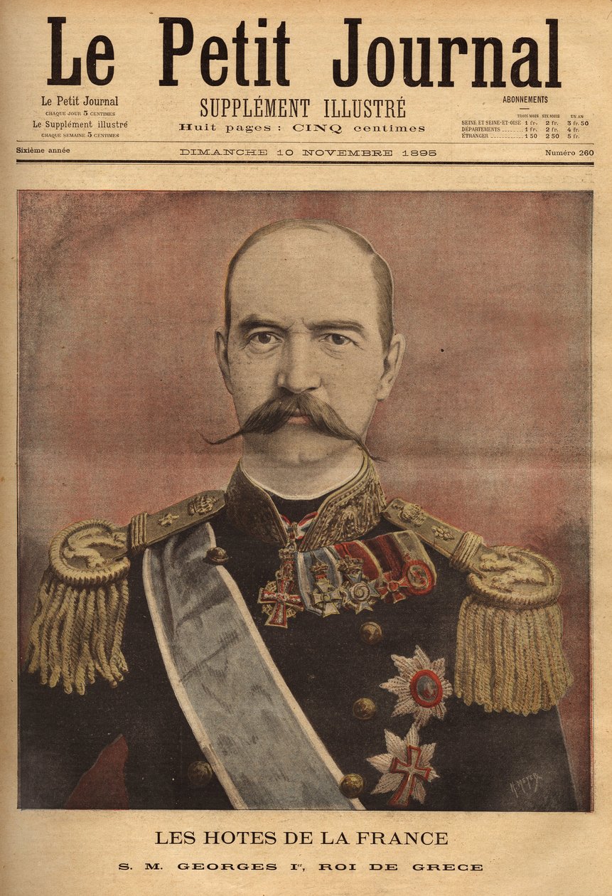 希腊国王乔治一世 (1845-1913) 的肖像。 雕刻在“” Le petit journal”” 10/11/1895。 塞尔瓦的收藏。 作者 未知艺术家