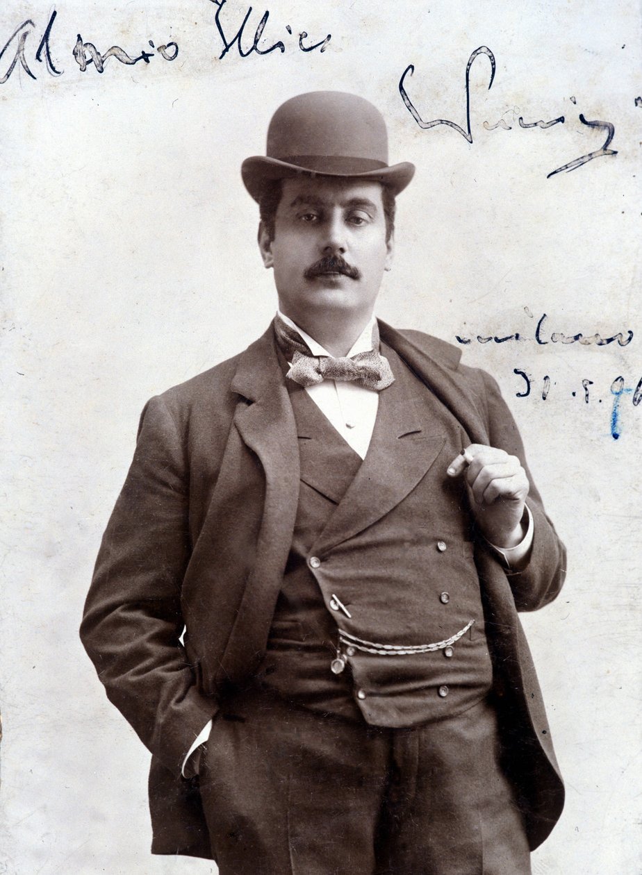 意大利作曲家贾科莫·普契尼 (Giacomo Puccini) 1896 年 (1858-1924) 的肖像。 作者 未知艺术家