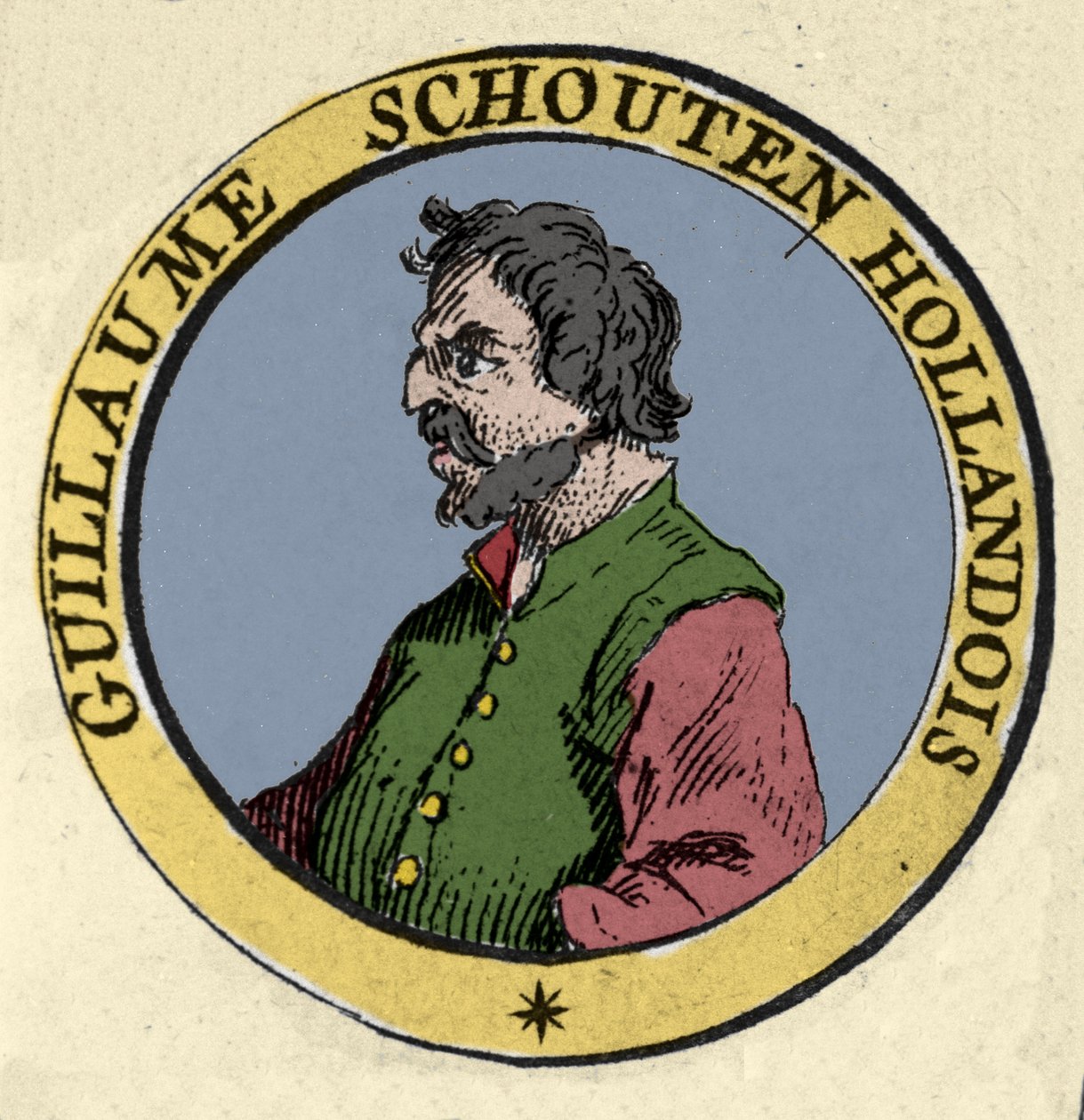 纪尧姆 (Willem Cornelisz) Schouten (或 Schoutten) (1567-1625) 荷兰航海家的肖像。 19 世纪的雕刻 作者 未知艺术家
