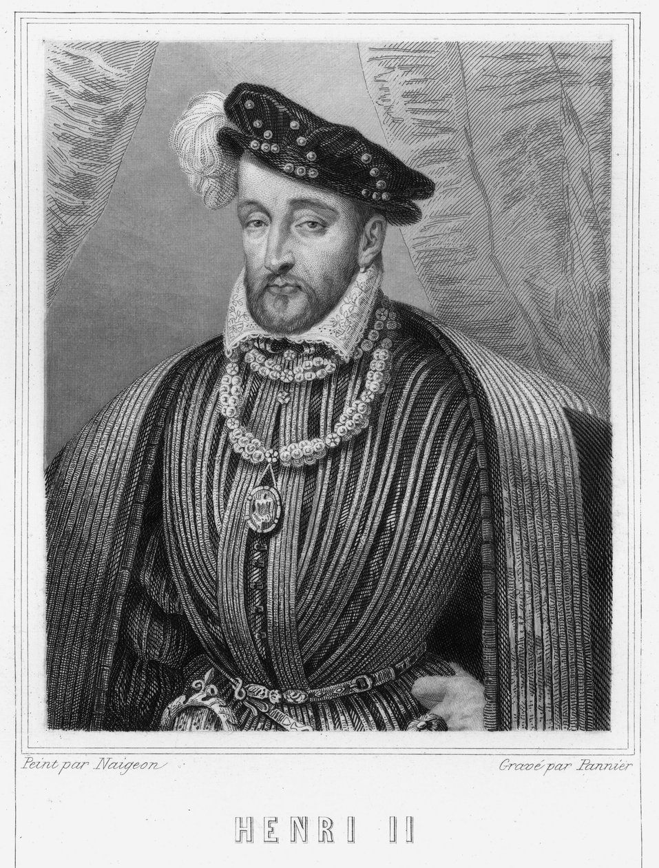 法国国王亨利二世（1519-1559）的肖像--载于拉瓦雷的《法国历史》，雕刻，有日期。 作者 未知艺术家
