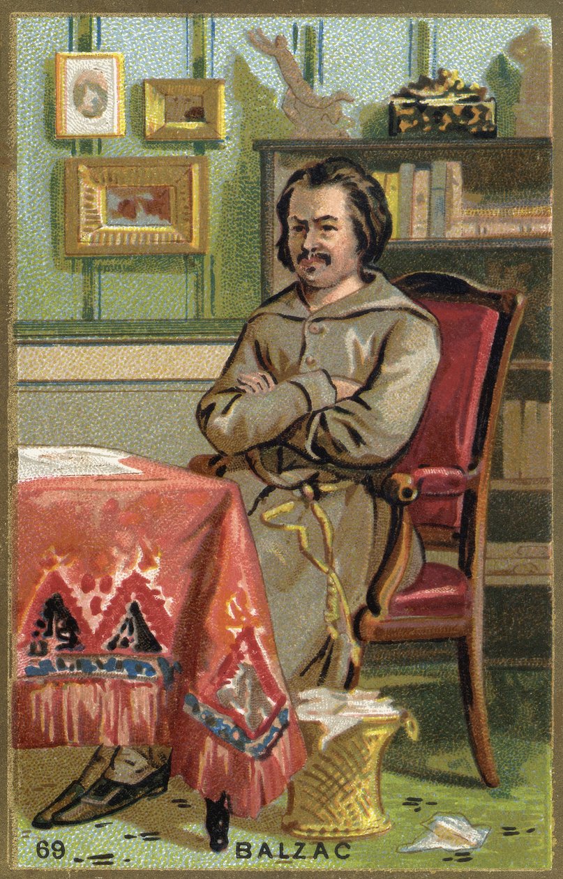 法国作家奥诺雷-德-巴尔扎克（1799-1850）的画像。19世纪的彩色石版画。 作者 未知艺术家