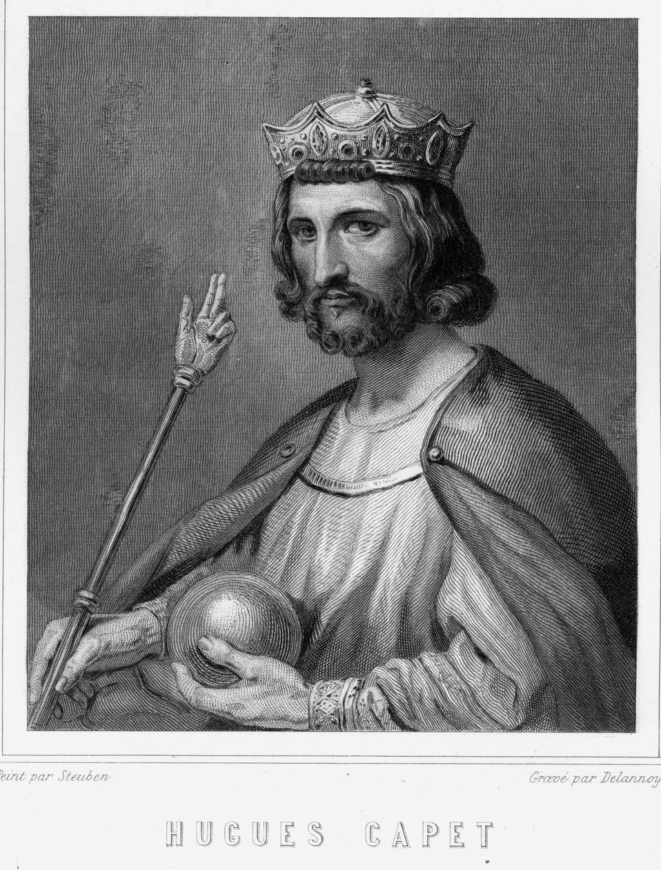 Hugues I Capet (v. 941 - 996)的肖像，法国公爵，然后是法国国王--在Lavallée的 "法国历史 "中，雕刻，有日期。 作者 未知艺术家