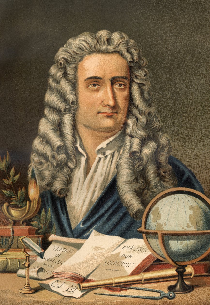 艾萨克-牛顿（1642-1727）的肖像，英国数学家、物理学家和天文学家。摘自路易斯-菲盖尔的 "La Ciencia y sus Hombres"。巴塞罗那 1881年 作者 未知艺术家