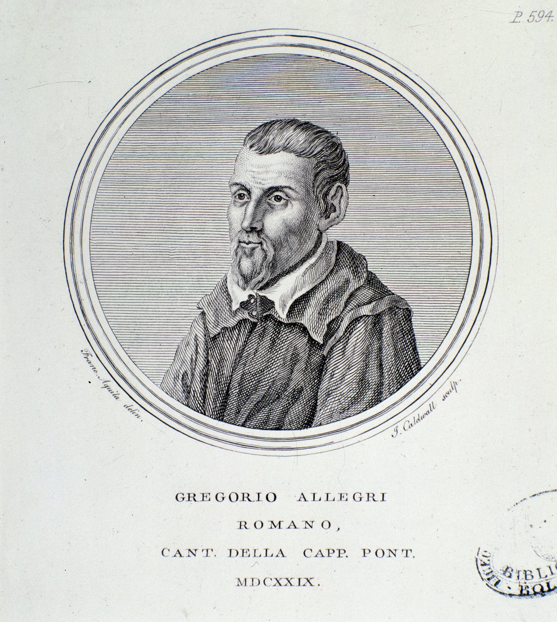意大利作曲家 Gregorio Allegri (1582-1652) 雕刻的肖像。 1629.博洛尼亚，市民书目博物馆 作者 未知艺术家