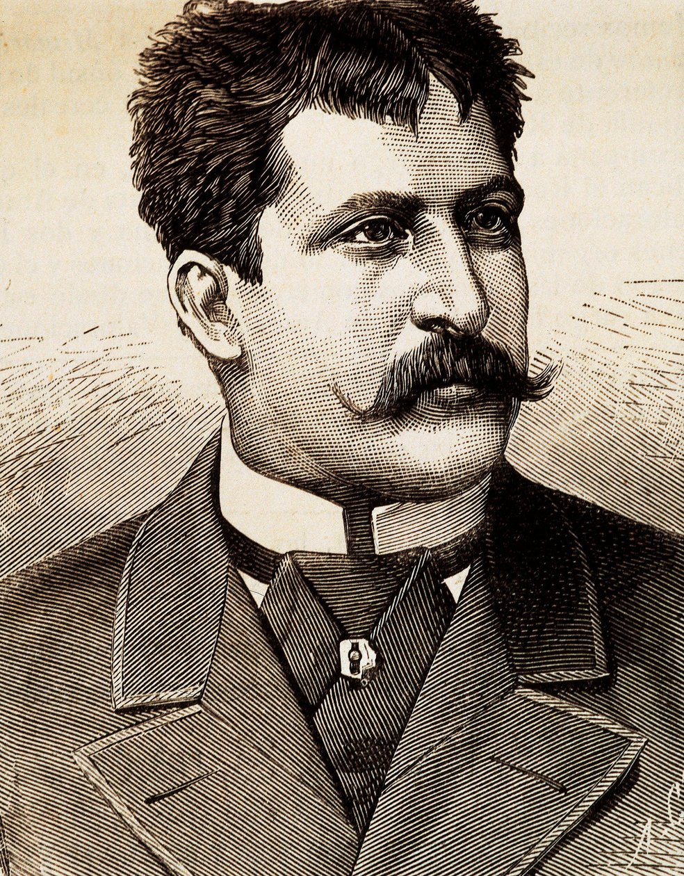 意大利抒情歌手马蒂亚·巴蒂斯蒂尼 (Mattia Battistini) (1857-1928) 的肖像。 19 世纪的雕刻。 作者 未知艺术家