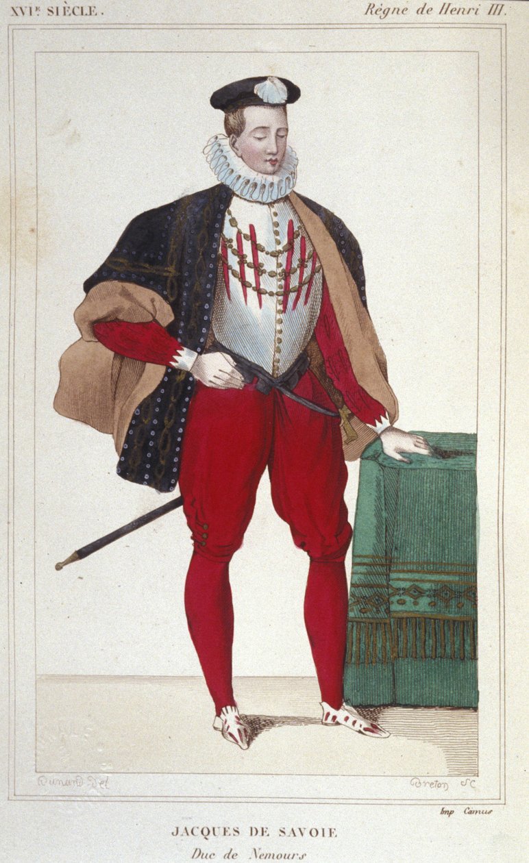 Jacques de Savoie Nemours (1531-1585) 的肖像，1533 年至 1585 年的日内瓦伯爵和内穆尔公爵。 1830 年的雕刻。 作者 未知艺术家