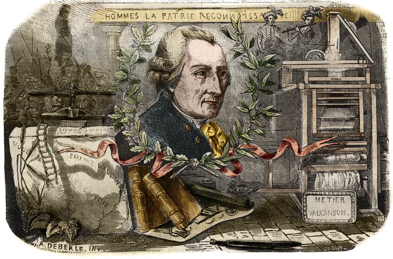 Jacques de Vaucanson (1709-1782)的肖像，法国机械师和自动装置的发明者。1857年在 "Le Musee Des Sciences "的雕刻。 作者 未知艺术家
