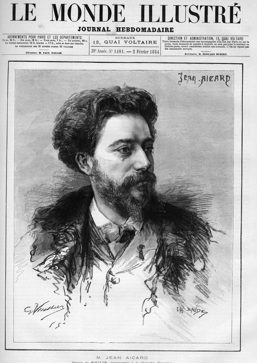 Jean Aicard（1848-1921）法国作家的肖像。雕刻在 "世界插图 "中 作者 未知艺术家