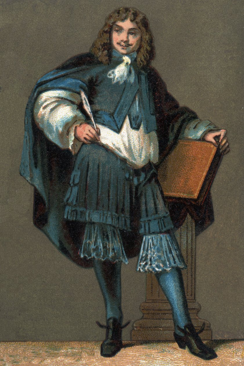 Jean Baptiste Poquelin dit Moliere (1622-1673)的肖像，大约在1890年进行了色版印刷。 作者 未知艺术家
