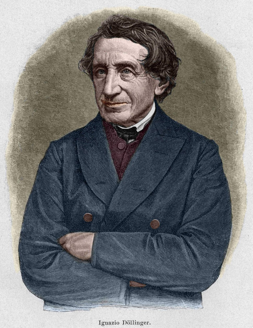 约翰-约瑟夫-伊格纳茨-冯-多林格（Johann Joseph Ignaz von Dollinger）（1799 - 1890）的肖像，阿勒曼德教士和教会历史教授。19世纪的雕版画。 作者 未知艺术家