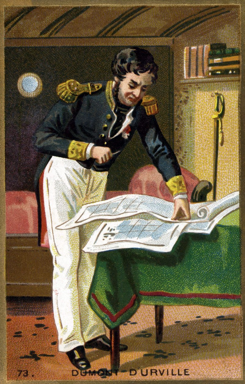 儒勒-塞巴斯蒂安-塞萨尔-杜蒙-德乌维尔（1790 - 1842）法国航海家的肖像。19世纪的彩色石版画。 作者 未知艺术家