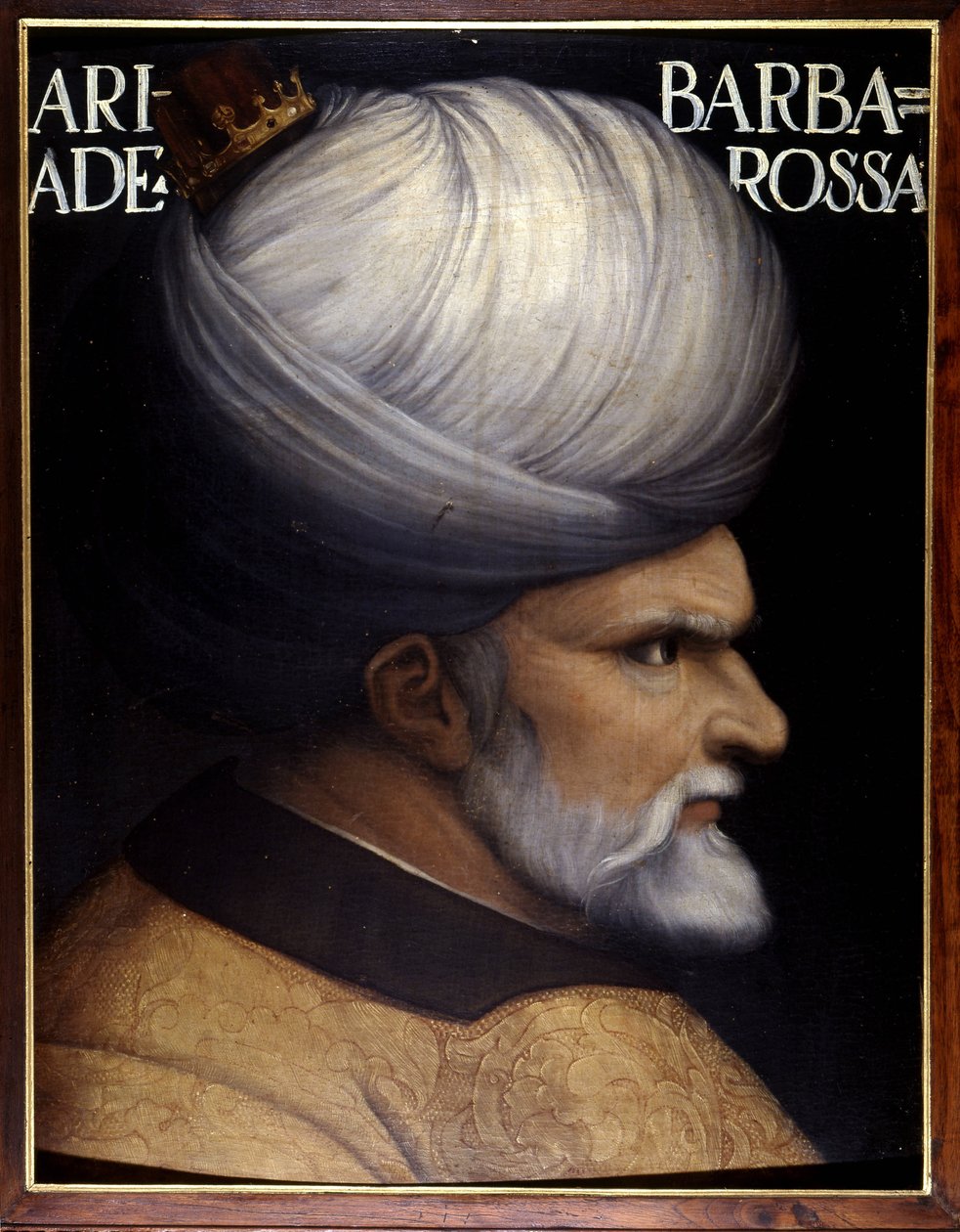 Khayr Al-Din Barberousse（1476 年 -1546 年）的肖像，他是阿尔及尔摄政王的兄弟，他是奥斯曼帝国苏丹的附庸，也是法国反对查理五世的盟友。 16 世纪绘画。 佛罗伦萨乌菲兹美术馆。 作者 未知艺术家