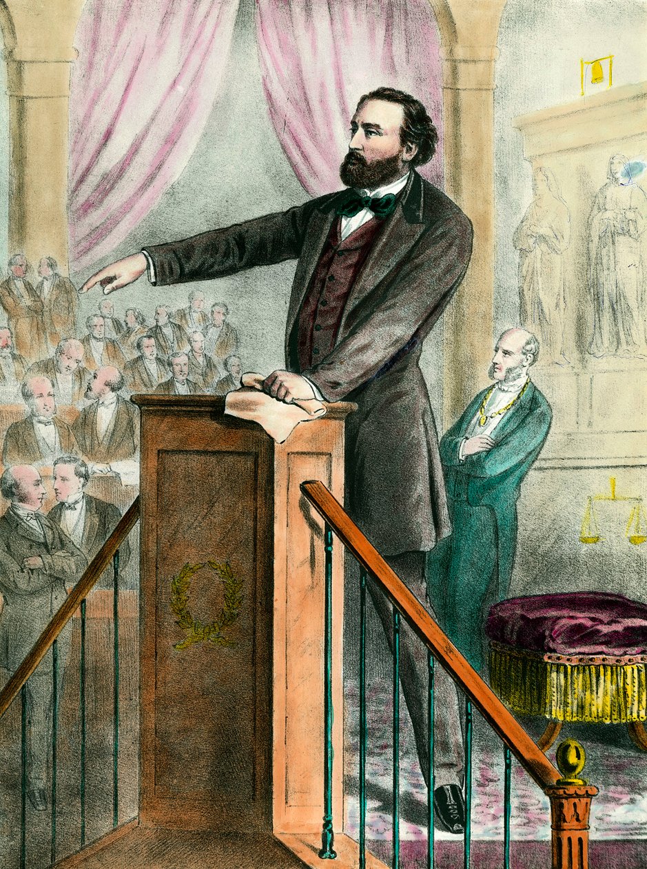 画廊中的 Leon Gambetta (1838 - 1882) 肖像。 19 世纪的雕刻。 科尔。 去。 作者 未知艺术家