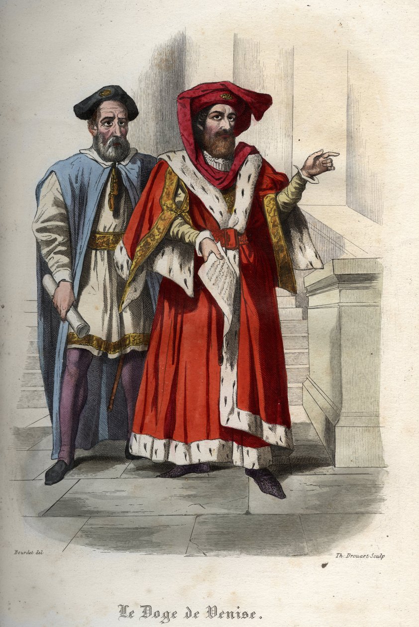 莱昂纳多-洛尔丹（Loredano）（1436-1521）的肖像，威尼斯共和国的教区长。1842年莫里斯-拉夏尔在 "教皇的历史 "中的版画。私人收藏。 作者 未知艺术家