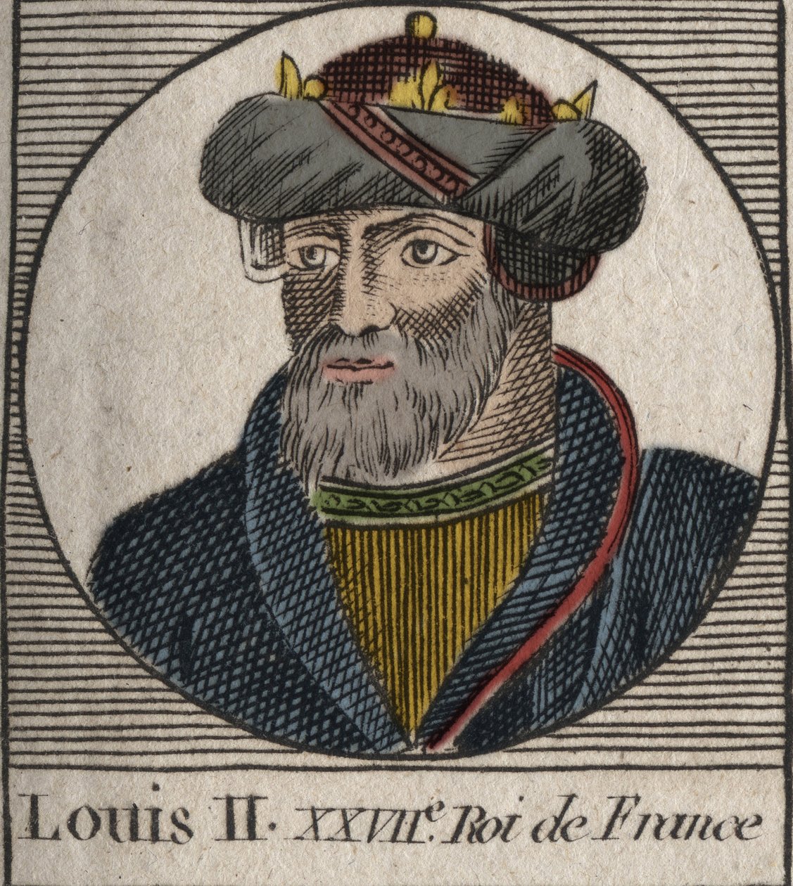 法兰西国王路易二世（846-879）的肖像--路易二世（848-879）--来自Charles Constant Le Tellier 1821年 "法国历史教学 "的雕刻作品 作者 未知艺术家