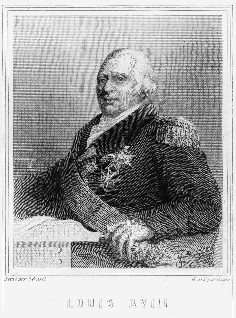 法国国王路易十八（1755-1824）的肖像--载于拉瓦雷的《法国历史》，雕刻，有日期。 作者 未知艺术家