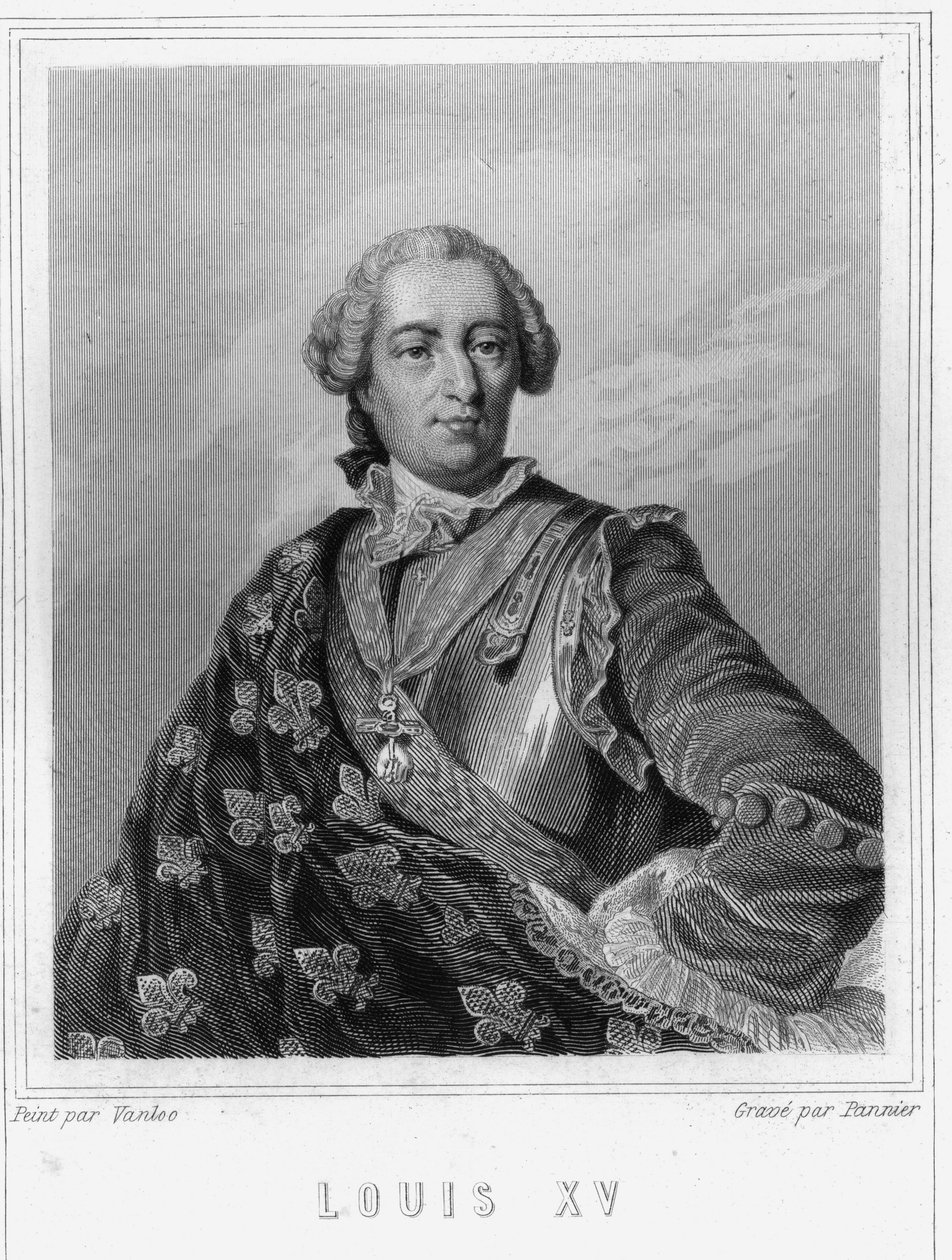 法国国王路易十五（1710-1774）的肖像--载于拉瓦雷的《法国历史》，雕刻，有日期。 作者 未知艺术家
