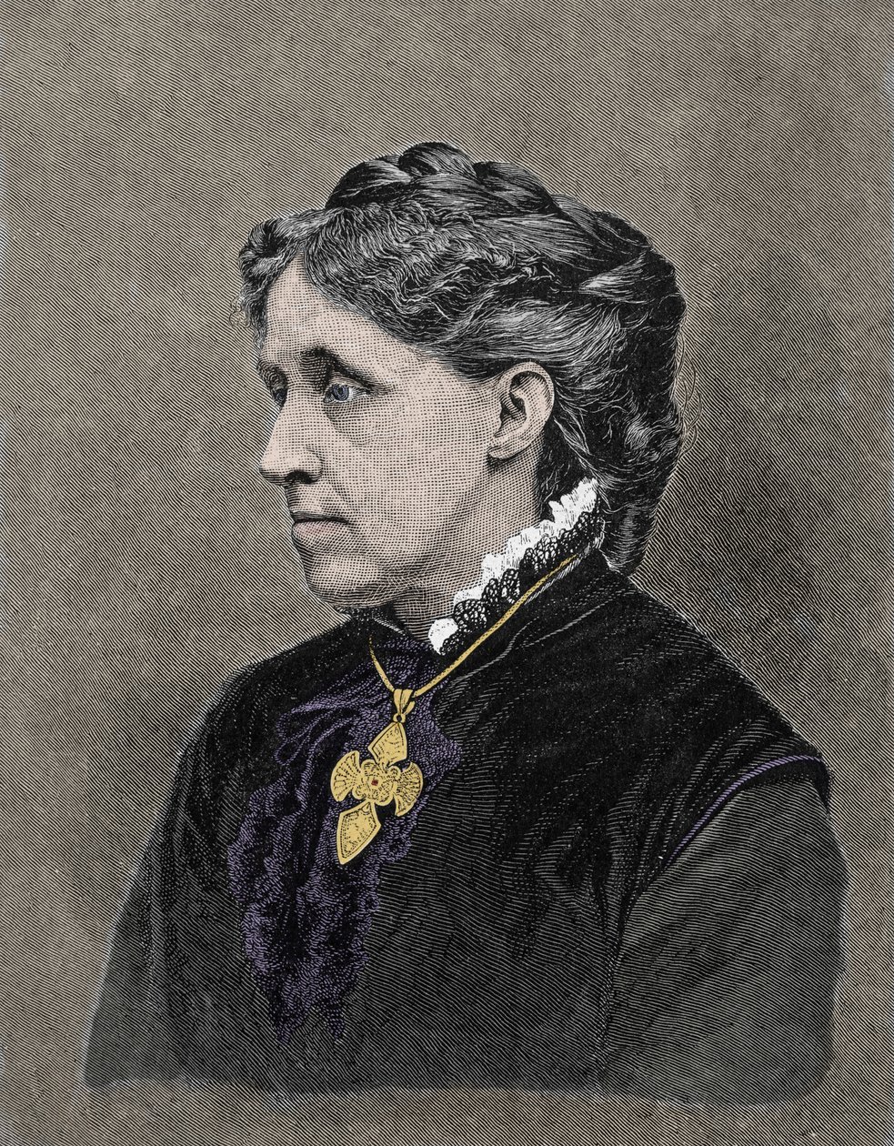 美国小说家路易莎·梅·奥尔科特 (1832-1888) 的肖像。 19 世纪彩色雕刻。 作者 未知艺术家