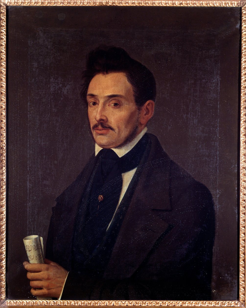 Luigi Ghirelli（19 世纪）贝斯手的肖像匿名绘画。 19 世纪。 博洛尼亚，民间音乐书目博物馆。 作者 未知艺术家