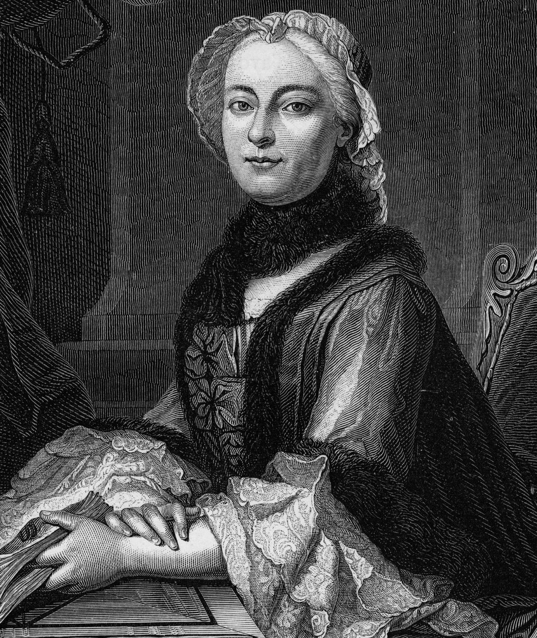 杰弗林夫人，即玛丽-特蕾莎（Marie-Therese）-罗代（1699-1777）的肖像--1862年的版画，载于我们第一批作家的《世界女王》，在让-热尔曼-戴斯-阿曼达德的指导下出版的书。 作者 未知艺术家
