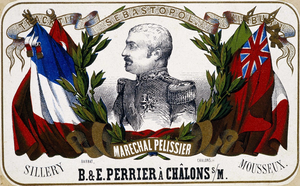 Maréchal Pelissier在香槟酒标签上的画像 "B.& E.Perrier à Chalôns sur Marne", sd.19世纪。 作者 未知艺术家