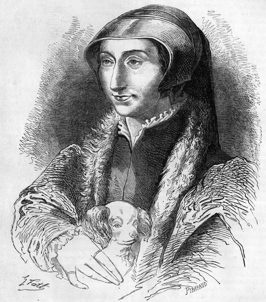 纳瓦拉的玛格丽特（Marguerite of Valois，Marguerite of Angouleme或Marguerite of France，1492-1549）的肖像，纳瓦拉女王和女诗人，弗朗索瓦第一（1553-1615）的妹妹。19世纪的雕版画。 作者 未知艺术家