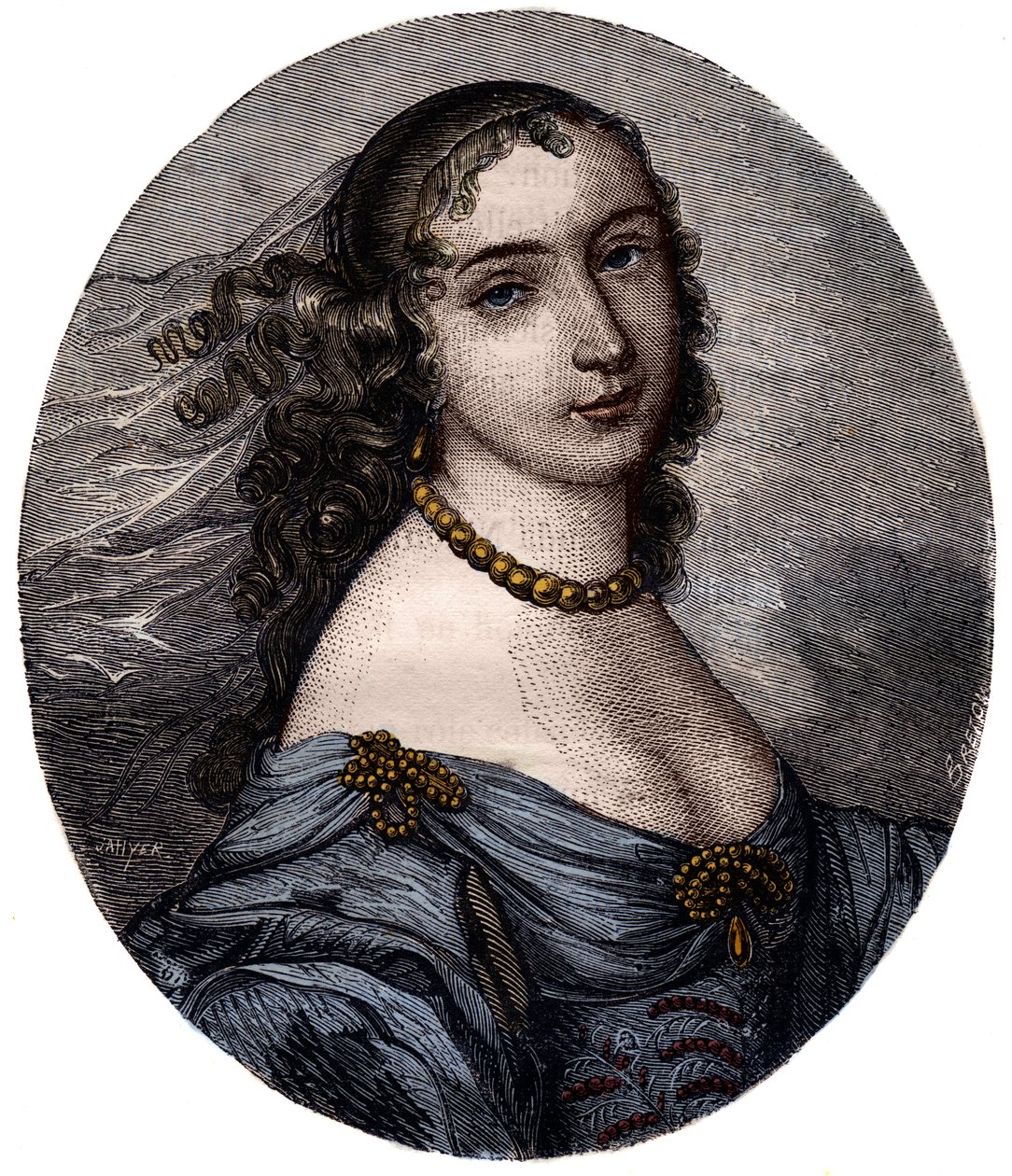 Marguerite Hessein的肖像，Sabliere夫人（1636-1693）法国沙龙女郎。19世纪的雕版画。 作者 未知艺术家