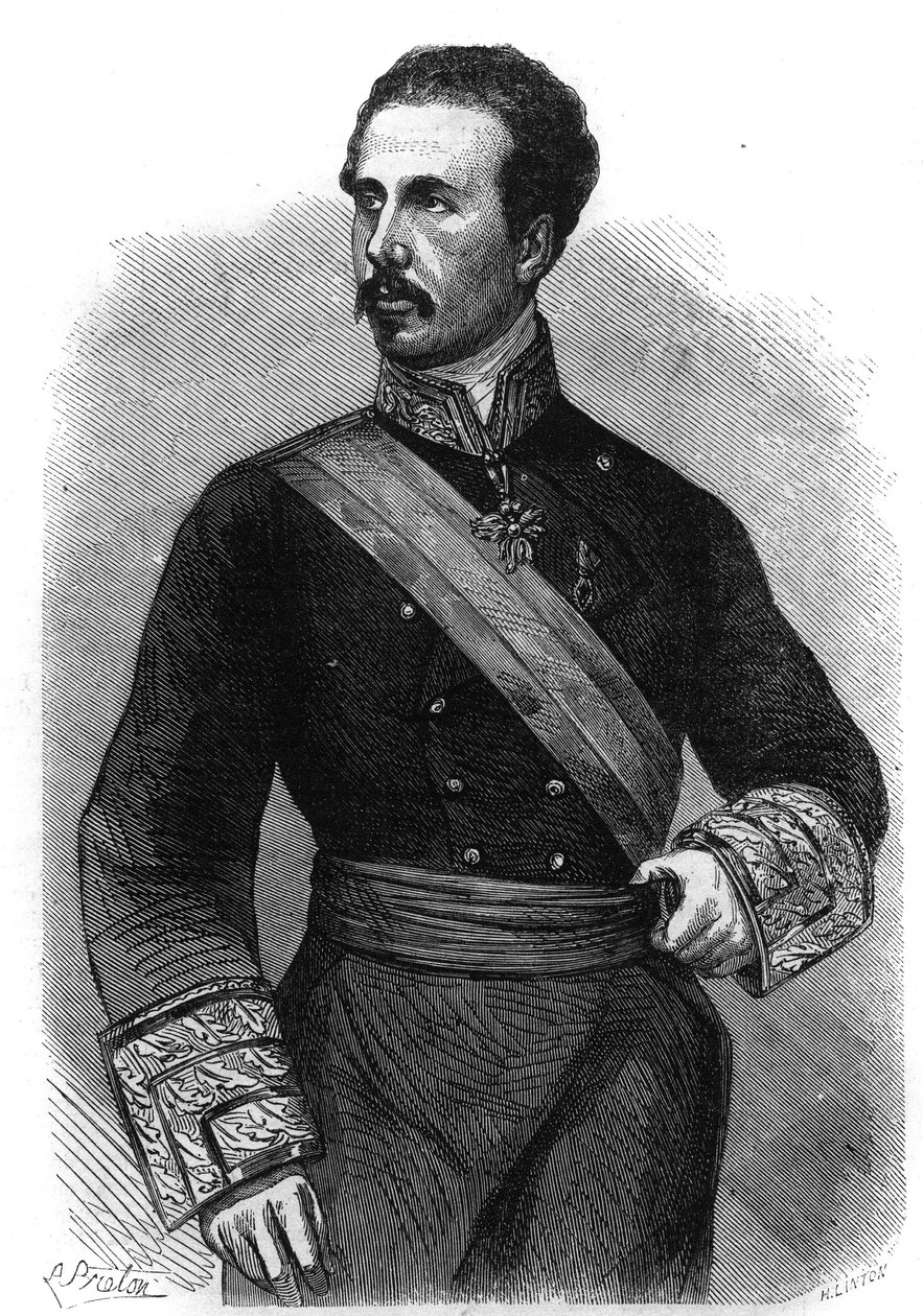 西班牙国王Marie Ferdinand Francois of Assisi de Bourbon（1822-1902）的肖像。雕刻在 "辉煌的宇宙 "中 作者 未知艺术家