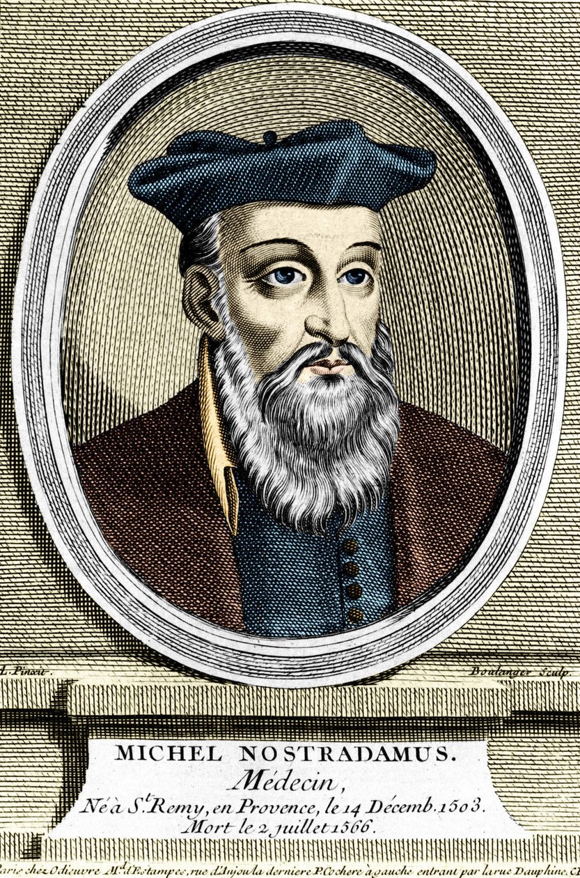 米歇尔·诺查丹玛斯（Michel Nostradamus）的肖像，医生和占星家，在 1503 年 14 月 12 日没有普罗旺斯圣雷米（Saint-Remy-de-Provence），于 1566 年 2 月 7 日去世。 17 世纪的雕刻。 作者 未知艺术家