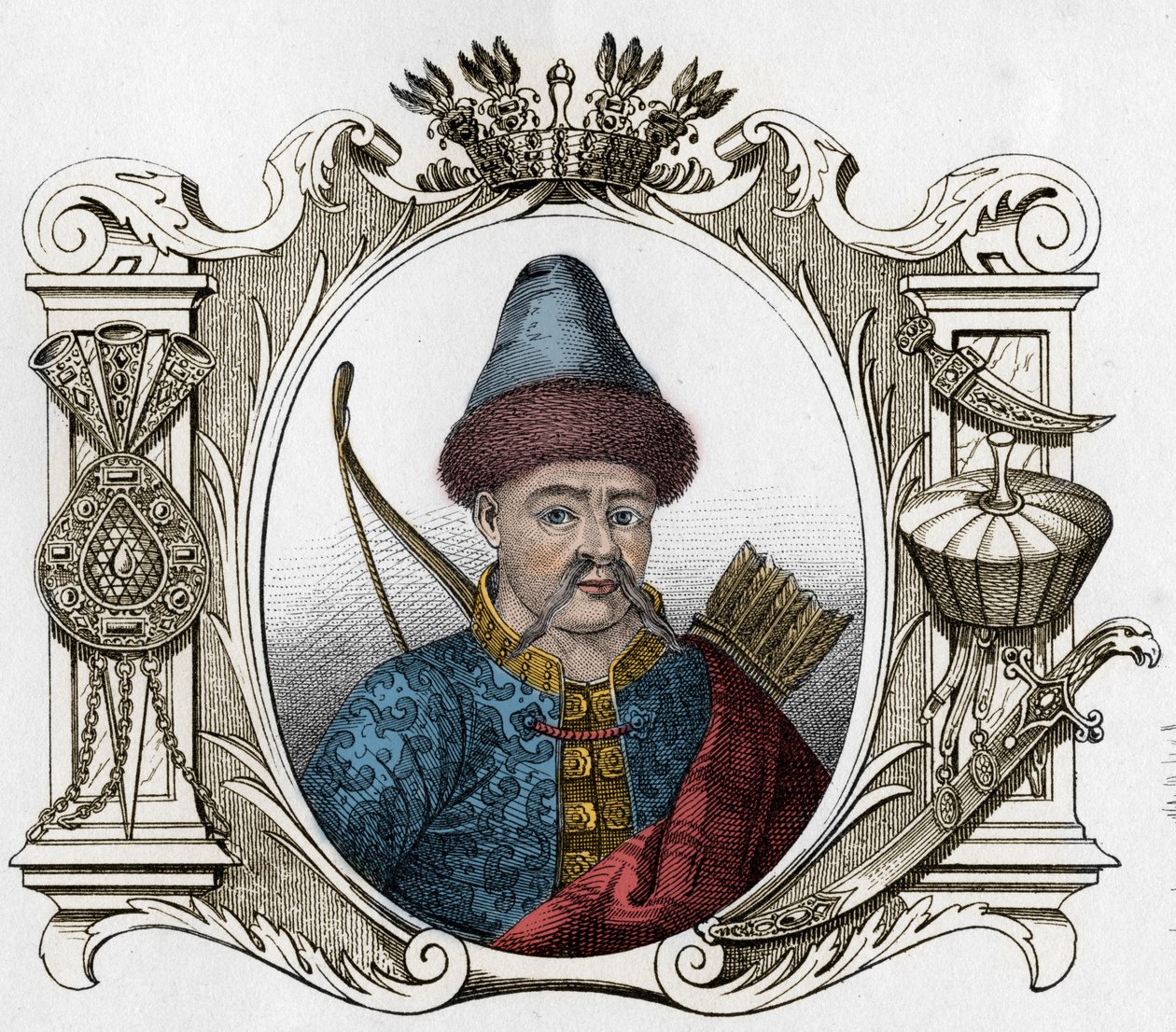 蒙古国君主帖木儿（Tamerlane）（1336-1405）的肖像--帖木儿（1336-1405）（或帖木儿郎，"跛脚的帖木儿"）1861年的雕版画 作者 未知艺术家