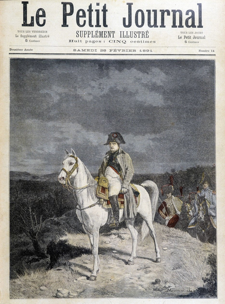 1814 年，拿破仑骑马的肖像。 作者 未知艺术家