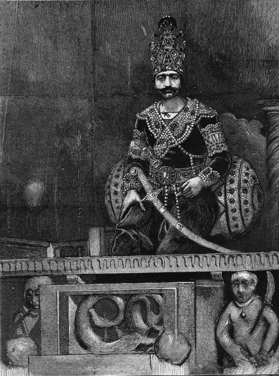 纳西尔-阿尔丁（Nasser al Din）（1831-1896）波斯国王在其王位上的肖像。 作者 未知艺术家
