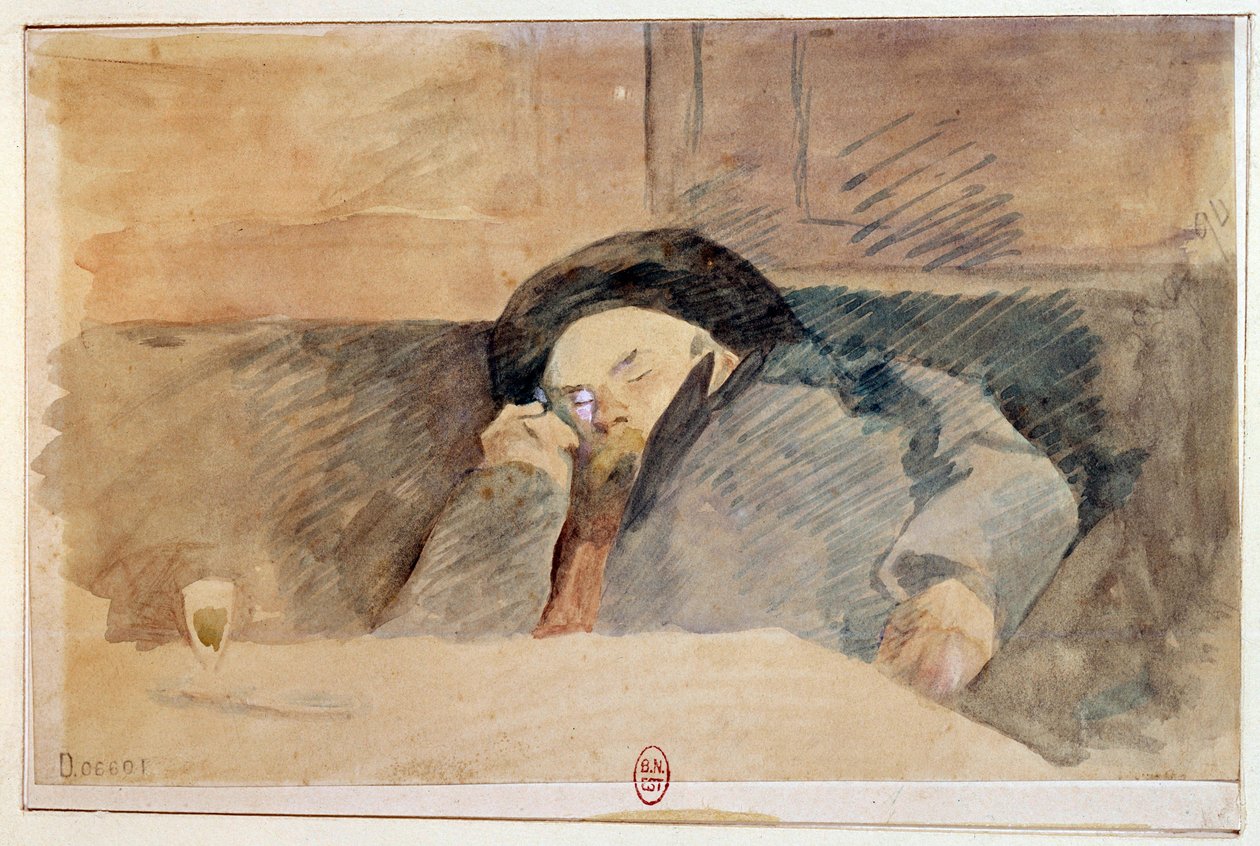 法国诗人保罗·维伦（Paul Verlaine，1844-1896 年）的肖像，睡在巴黎的 Procope 咖啡馆。 19 世纪的水彩画。 巴黎，B.N. 作者 未知艺术家