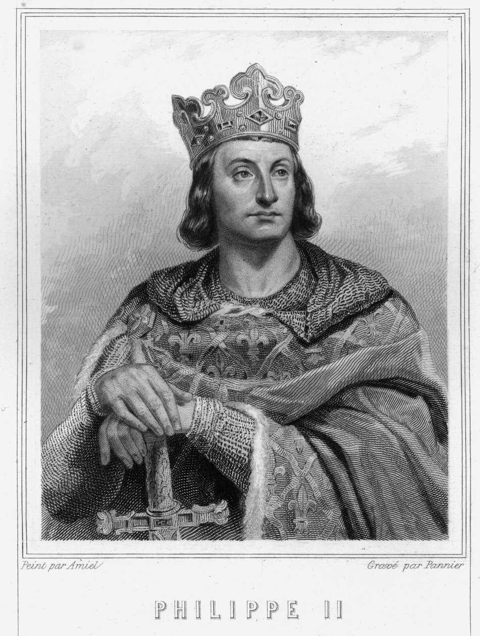 法国国王菲利普二世（Philip II dit Philippe Auguste）（1165-1223）的肖像--载于拉瓦雷的《法国历史》，雕刻，有日期。 作者 未知艺术家