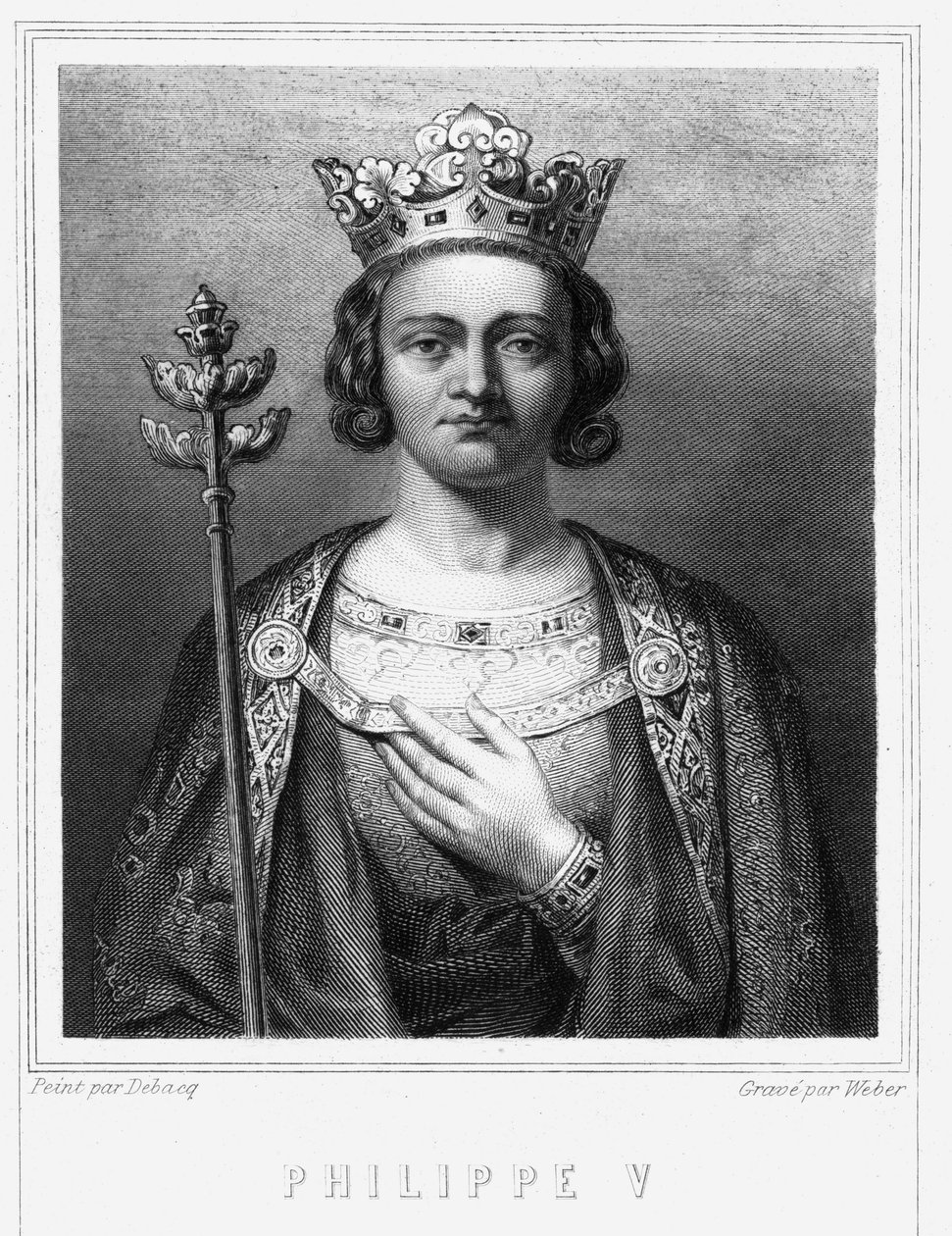 法国国王菲利普五世（1294-1322）的肖像--载于拉瓦雷的《法国历史》，雕刻，有日期。 作者 未知艺术家