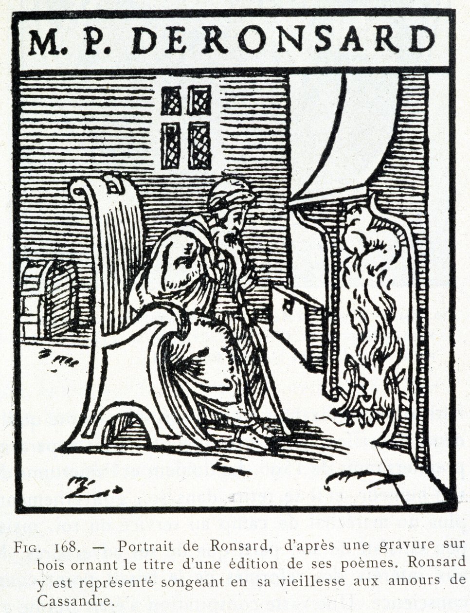 皮埃尔·德·朗萨尔 (Pierre de Ronsard) 的肖像，卡桑德雷 (Cassandre) 的恋情旧思想-木版画 作者 未知艺术家