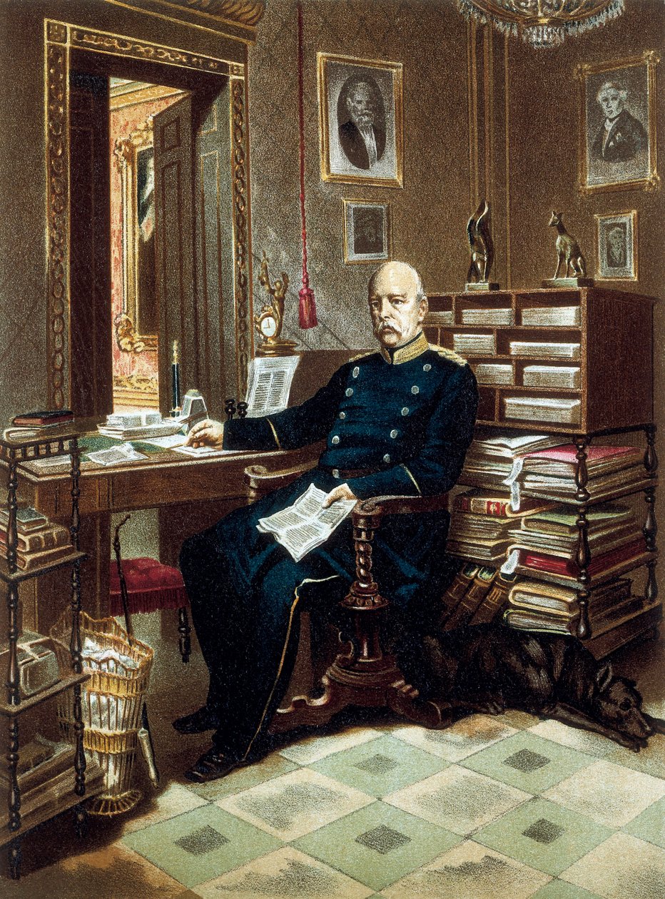 Portrait of Prince Otto von Bismarck (1815-1898), Chancellor and Prussian politician, in his office. Lithograph in colour 作者 未知艺术家