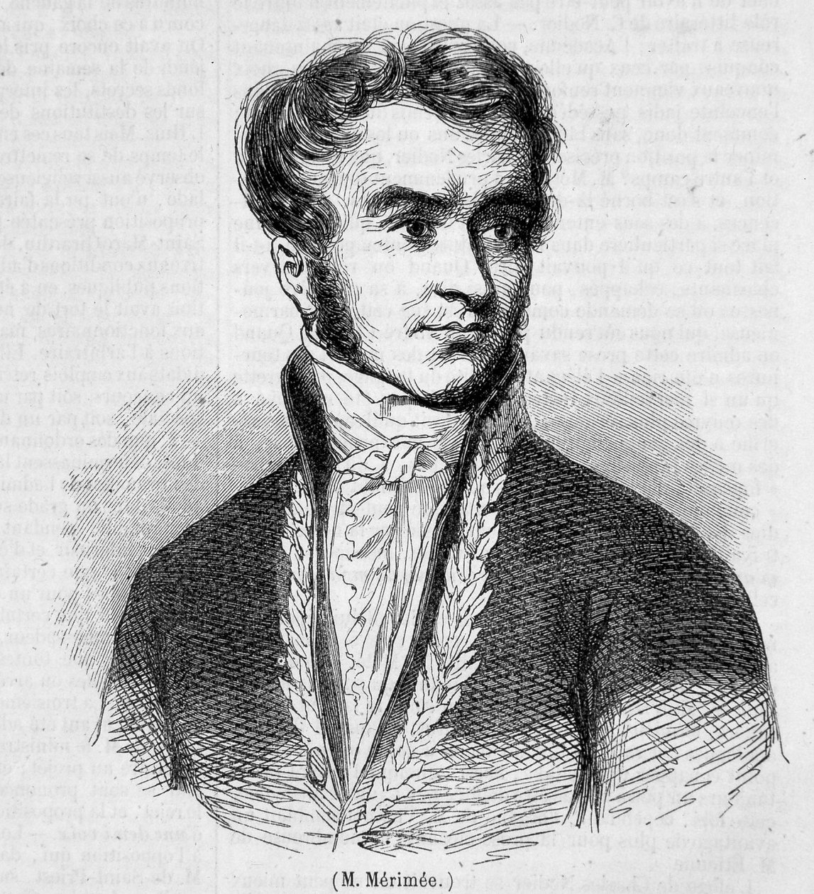 Prosper Mérimée 的肖像。 19 世纪雕刻。 作者 未知艺术家