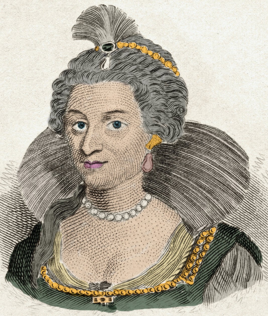 丹麦女王安妮的肖像 英国女王 (1574-1619)，英格兰国王詹姆士一世 (1566-1625) 的妻子。 19 世纪的雕刻 作者 未知艺术家
