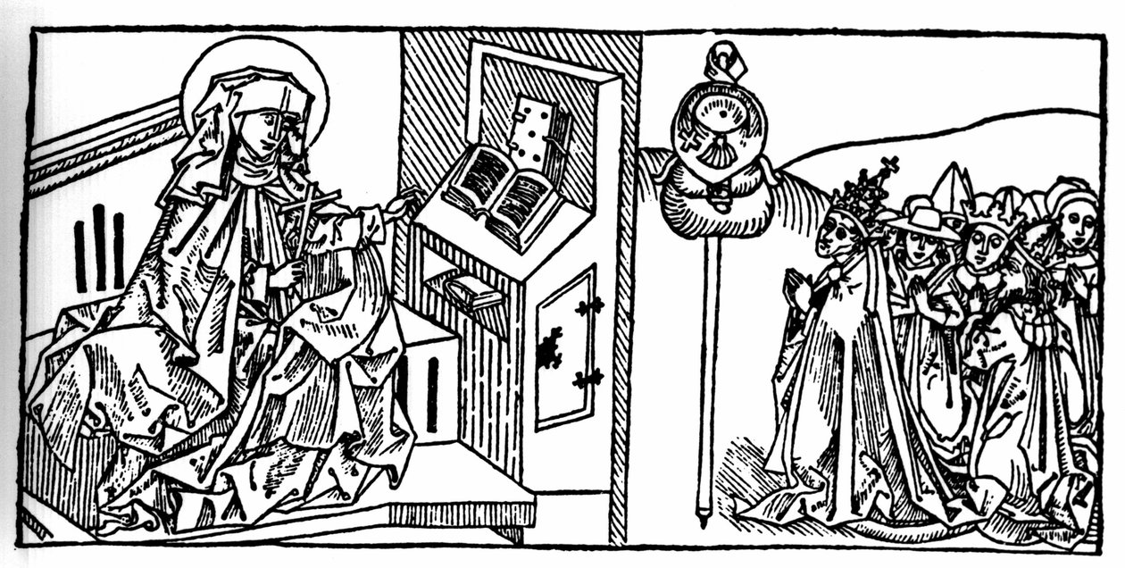 瑞典圣布里吉特的肖像（1103-1373）。 Voragine (1228-1298) 的 Jacobus (James) 的“Leben der Heiligen - sommsteil”（圣人之书）雕刻。 杜贝克 1488。 作者 未知艺术家