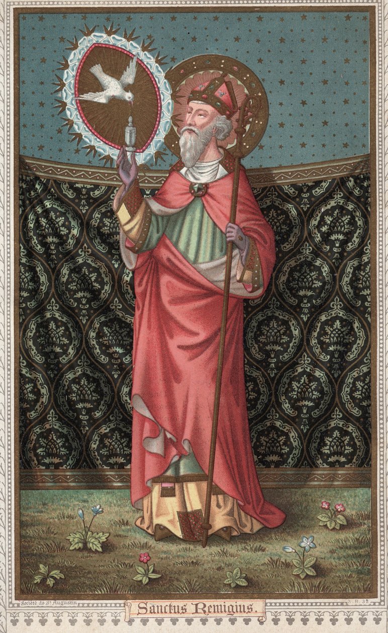 圣雷米（437-533）（Saint Remigius, Remy Remigio）的肖像被圣灵鸽（Holy Spirit）访问。19世纪末的彩色石版画。 作者 未知艺术家