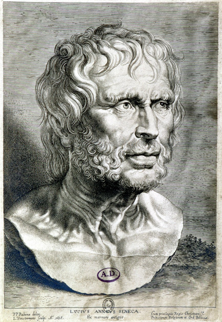 塞内克（Lucius Annaeus Seneca，公元前 4 年至公元 65 年）的肖像，斯多亚学派哲学家、剧作家和罗马政治家 - 1638 年版画 - Coll Maciet，巴黎装饰艺术图书馆 作者 未知艺术家