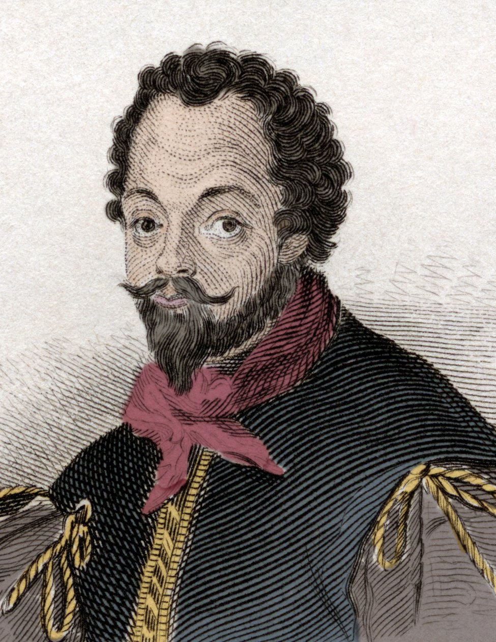 弗朗西斯·德雷克爵士 (1540-1596) 的肖像，英国私掠船和航海家。 19 世纪的雕刻。 作者 未知艺术家